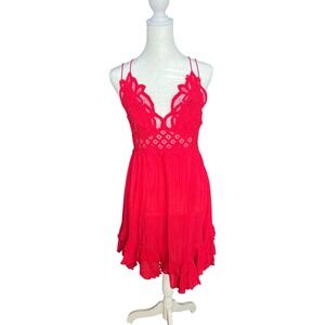 Free People FP One Adella Mini Dress Red Crochet Lace Boho Smocked Back Size XS